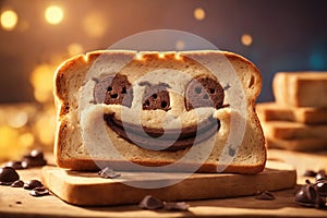 funny toast bread with chocolate smile on wooden board. ai generative