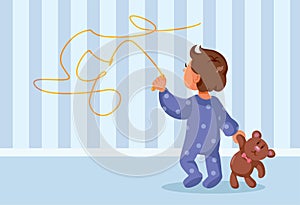 Funny Toddler Child Writing on the Walls Vector Cartoon Illustration