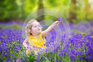 Funny toddler girl in bluebell flowers in spring forest