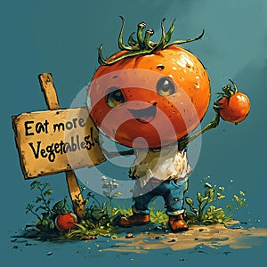 Funny tomato holding sign with the text - Eat more Vegetables