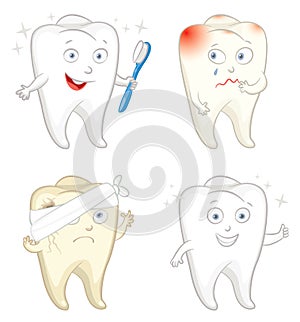 Funny tooth with toothbrush. Caries. Toothache