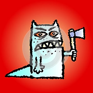 Funny toothed red monster with an axe in his hand. Vector illustration.