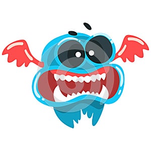 Funny toothy monster, colorful fabulous blue creature cartoon character vector Illustration