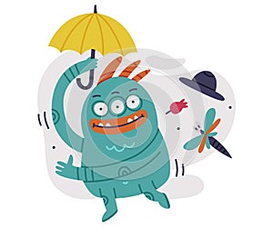 Funny Toothy Monster Walking with Umbrella in Rainy Day Vector Illustration