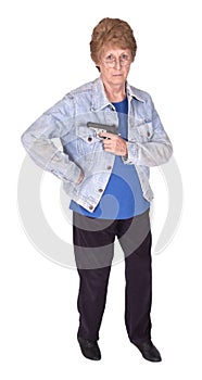 Funny Tough Mature Senior Woman, Hold Gun Isolated