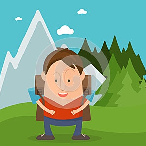 Funny tourist in cartoon style in forest mountains. Vec