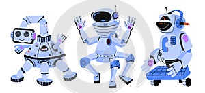 Funny toy robots, kids robotic electronic toys with human faces, flat vector.