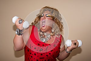 Funny travesty actor. Drag queen. Fat man and make-up.