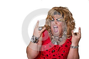 Funny travesty actor. Drag queen. Fat man and make-up.. Isolated