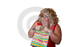 Funny travesty actor. Drag queen. Fat man and make-up.. Isolated