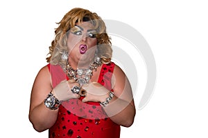 Funny travesty actor. Drag queen. Fat man and make-up. Isolated
