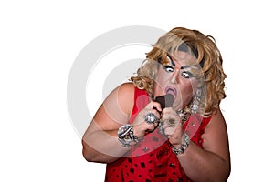 Funny travesty actor. Drag queen. Fat man and make-up. Isolated