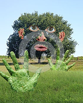 Funny Tree with human Hands and Face in a Green Field