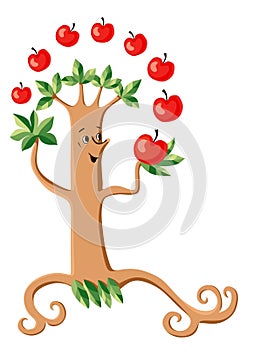 Funny tree juggles red apples. Vector illustration. photo