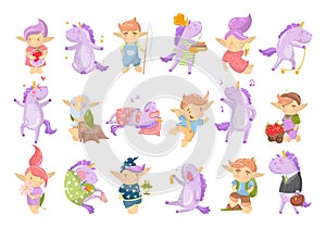 Funny Troll and Purple Unicorn Engaged in Different Activity Big Vector Set