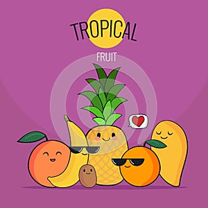 Funny tropical fruits set. Pineapple, mango, orange, kiwi, banana, grapefruit. Vector cartoon. Friends forever. Cute comic charact