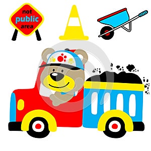 Funny truck driver cartoon with construction equipment