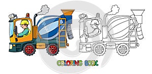 Funny truck mixer with a driver. Coloring book