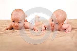 Funny twins sisters babies lying