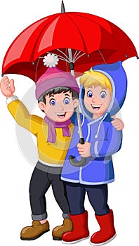 Funny Two Boys Under Red Umbrella in Rainy Day Cartoon