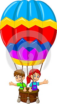 Funny two kids cartoon flying in a hot air balloon