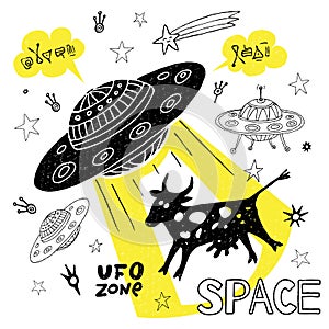 Funny ufo abduction cow space stars spaceship for cover, textile, t shirt.Hand drawn vector illustration
