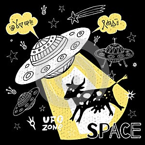 Funny ufo abduction cow space stars spaceship for cover, textile, t shirt. Hand drawn vector illustration