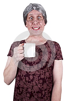 Funny Ugly Mature Senior Woman Drink Coffee