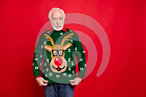 Is it funny ugly pullover for me. Portrait of negative upset old man get winter christmas tradition seasonal sweater for