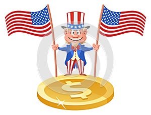 Funny Uncle Sam holding American flags over the symbol of the do