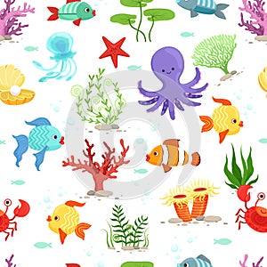 Funny underwater life with sea plants and fishes. Vector seamless pattern