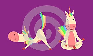 Funny Unicorn Character with Rainbow Mane and Tail Practicing Yoga Exercises Vector Set