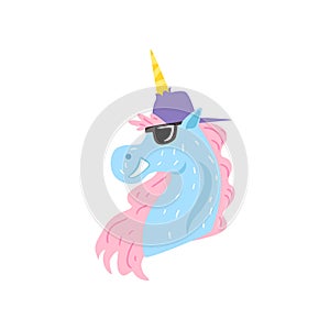 Funny unicorn character wearing cap and sunglasses cartoon vector Illustration on a white background