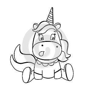 Funny unicorn coloring book. Cute surprised cartoon pony character in black and white style. For postcards, posters