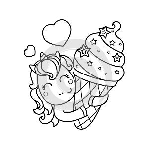 Funny unicorn with ice cream. Black and white linear image. Vector