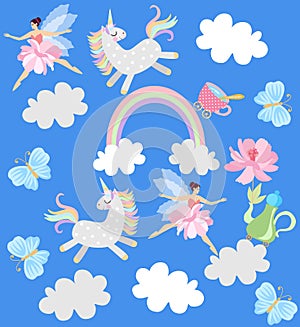 Funny unicorns, winged fairies, teapot with flowers, cup of tea, rainbow, clouds and butterflies on sky blue background in vector