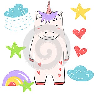 Funny unIllustration with star, rainbow, clud, rain, heart. Illustration about fairy animals for children design photo