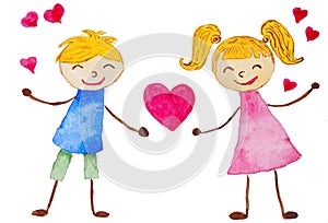 Funny Valentine card. Cartoon girl and boy giving a heart for love.