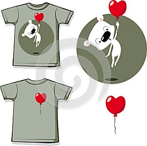 Funny valentine shirt printing with heart balloon and white polar teddy bear flat design