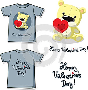 Funny valentine shirt printing with teddy bear holding a patched heart - flat design