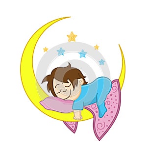 Funny vector Baby boy sleeping on the moon among the stars. Logo of child care, motherhood and childbearing