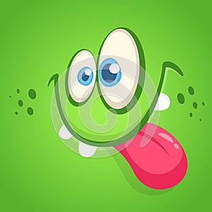 Funny vector cartoon monster face showing tongue. Vector Halloween green silly monster avatar