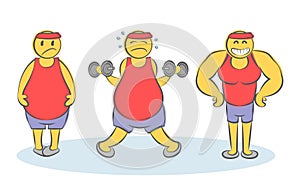 Funny vector doodle concept of Before & After Body Transformation. Weight loss and a healthy body. Sad cartoon fat man starts