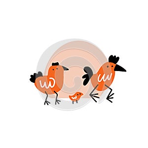 Funny vector illustration of cock, hen and chicken.