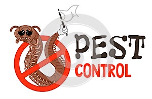 Funny vector illustration of pest control logo for fumigation business. Comic locked centipede or chilopoda surrenders. Design for