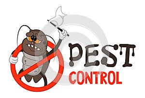 Funny vector illustration of pest control logo for fumigation business. Comic locked cockroach surrenders. Design for print.