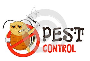 Funny vector illustration of pest control logo for fumigation business. Comic locked colorado potato beetle surrenders.