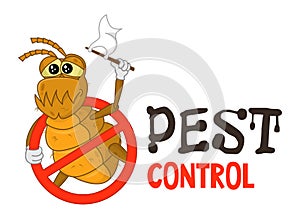 Funny vector illustration of pest control logo for fumigation business. Comic locked flea. Design for print, emblem, t-shirt.