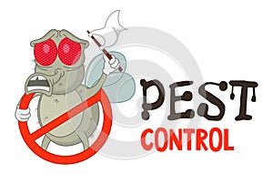 Funny vector illustration of pest control logo for fumigation business. Comic locked fly surrenders. Design for print, emblem.