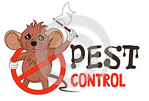 Funny vector illustration of pest control logo for fumigation business. Comic locked mouse surrenders. Design for print, emblem.